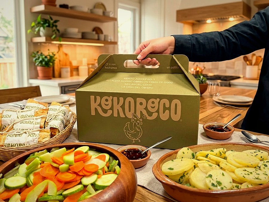 Una mano levanta una caja de KokoroCo sobre la mesa, junto a verduras, papas y pan