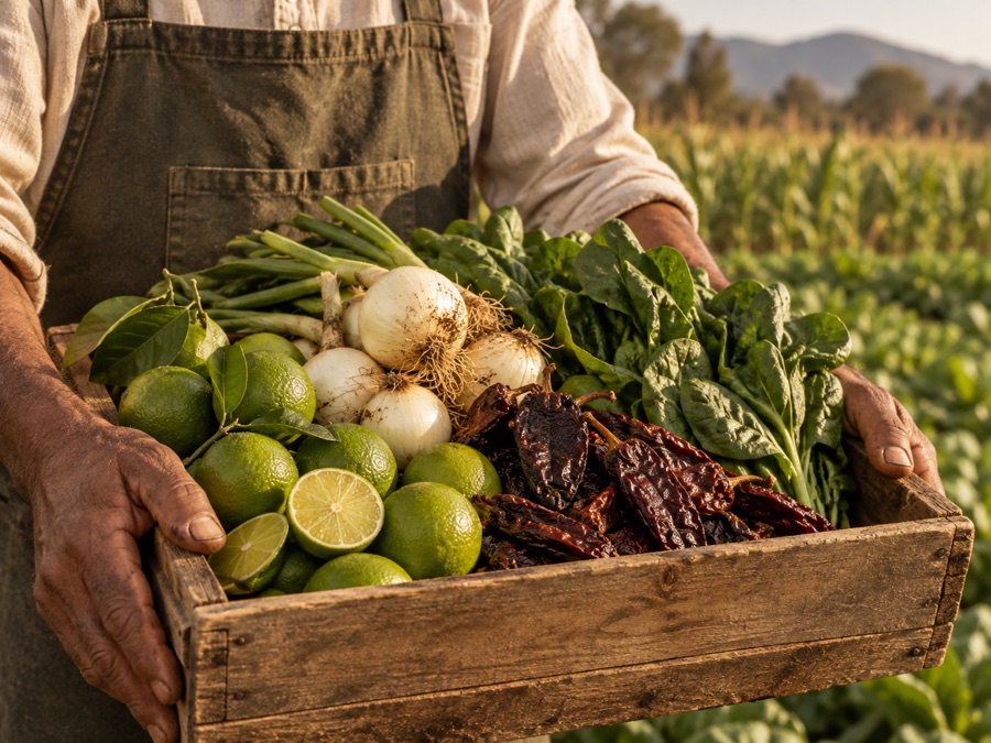 Un productor sostiene una caja de madera con limones, cebollas, acelgas y otras verduras recién cosechadas