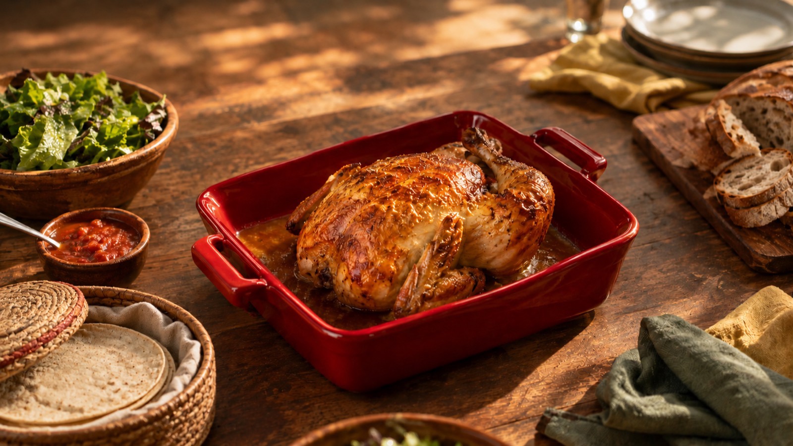 Pollo al horno entero en una bandeja roja al centro de una mesa de madera, con ensalada, salsa, tortillas y pan alrededor