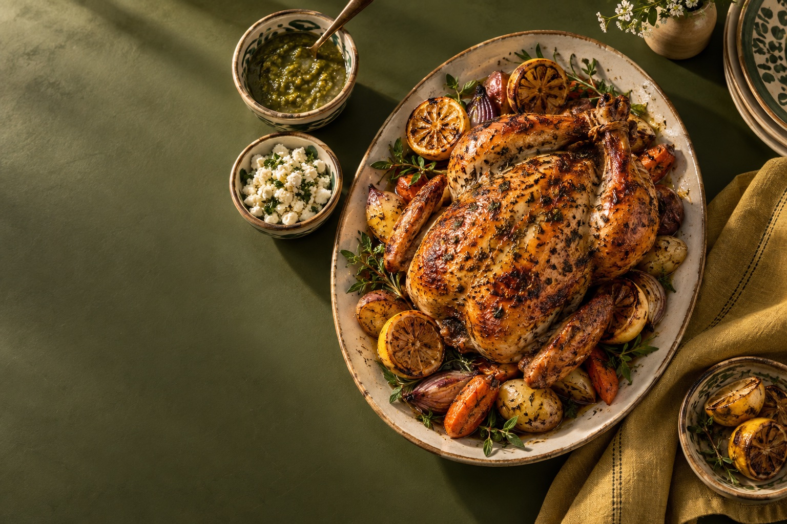 Pollo al horno gourmet con vegetales, cítricos y complementos
